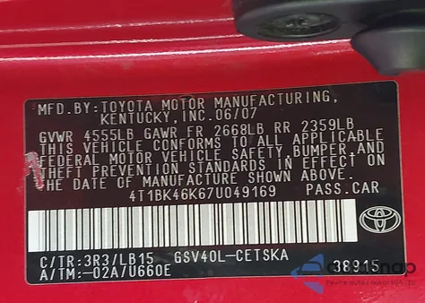 2007 Toyota Camry Se V6 из США, поврежденный, VIN 4T1BK46K67U049169